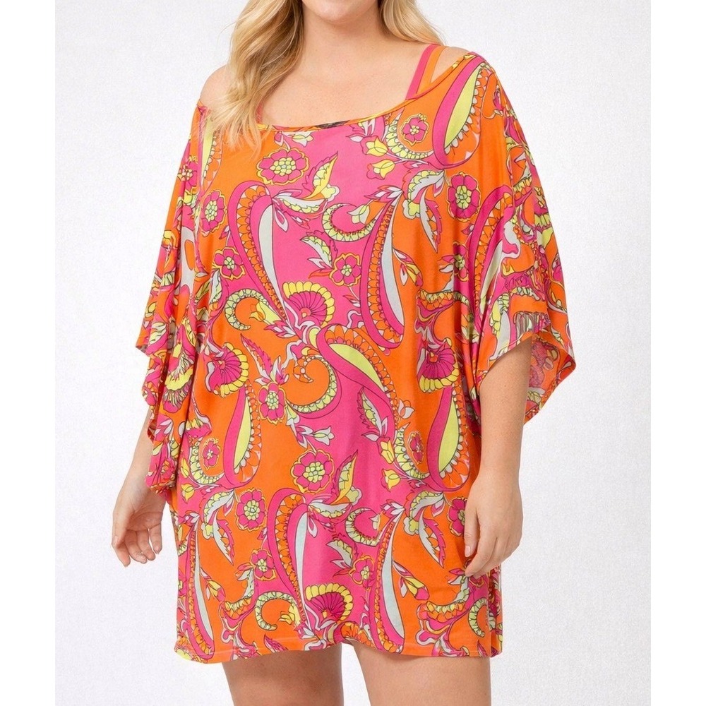 Lane Bryant‎ Pink Orange Paisley Floral Tunic Swim Cover Plus Size 14/16